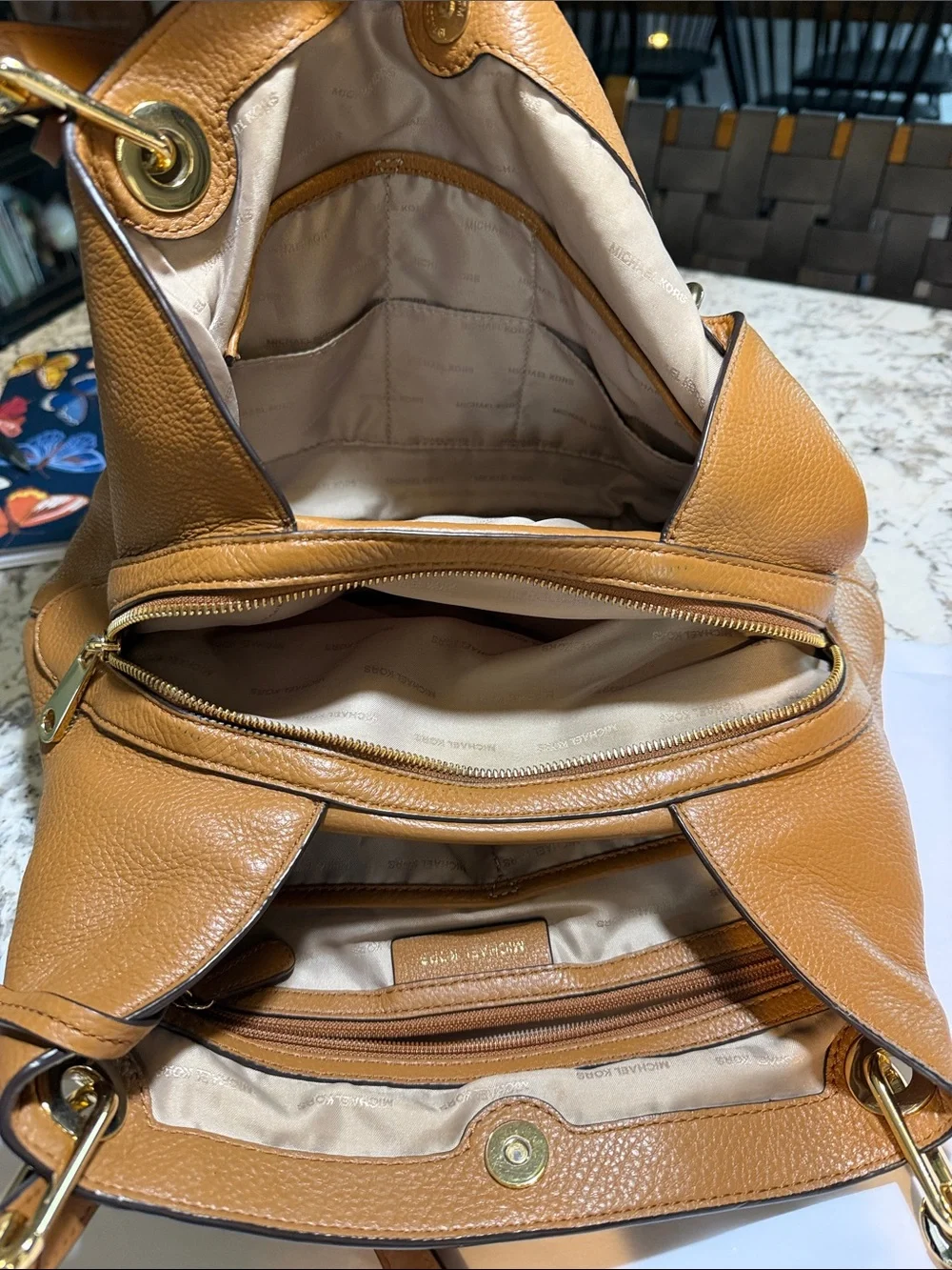 Michael Kors Cognac Pebbled Leather Shoulder Tote with Gold Hardware